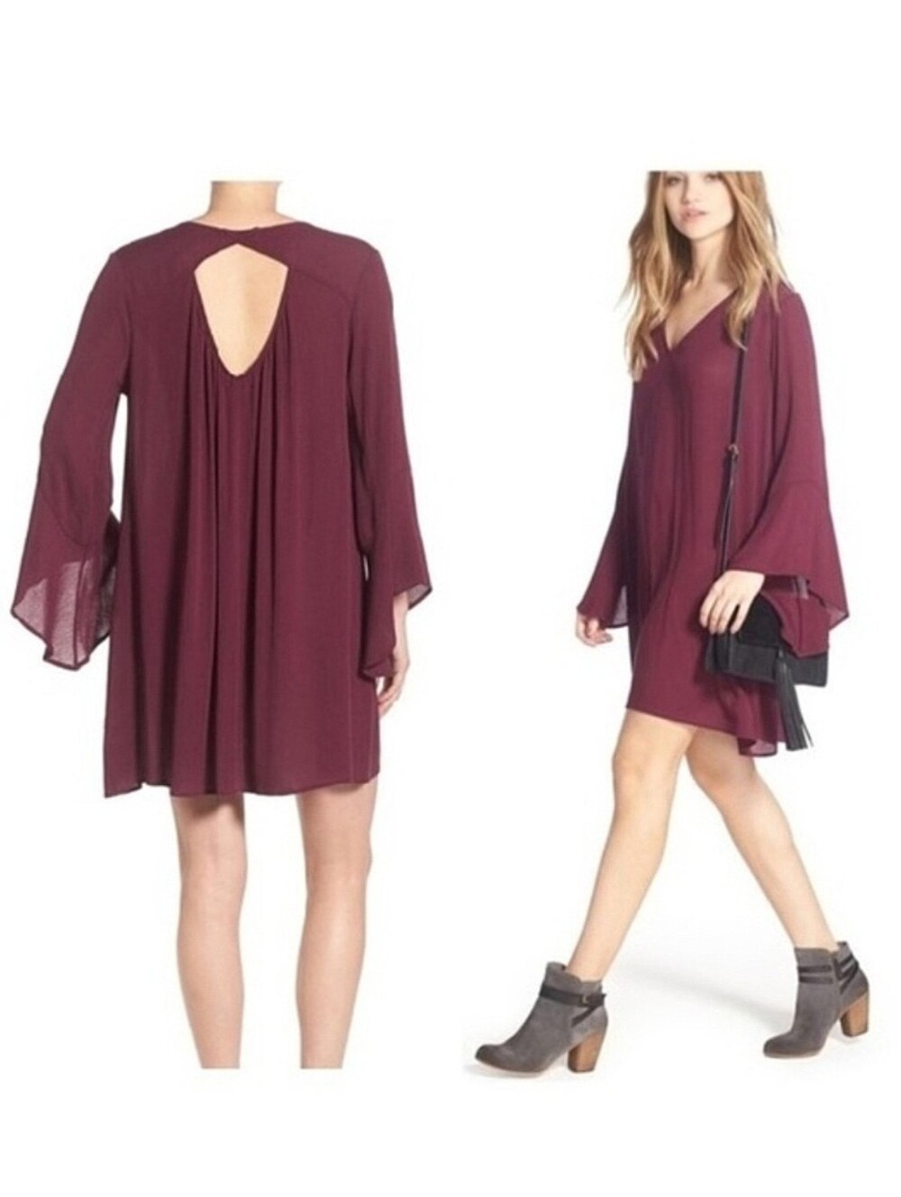 Lush Whitney Boho Festival Bell Sleeves Draped Relaxed Mini Shift Dress XS NWT